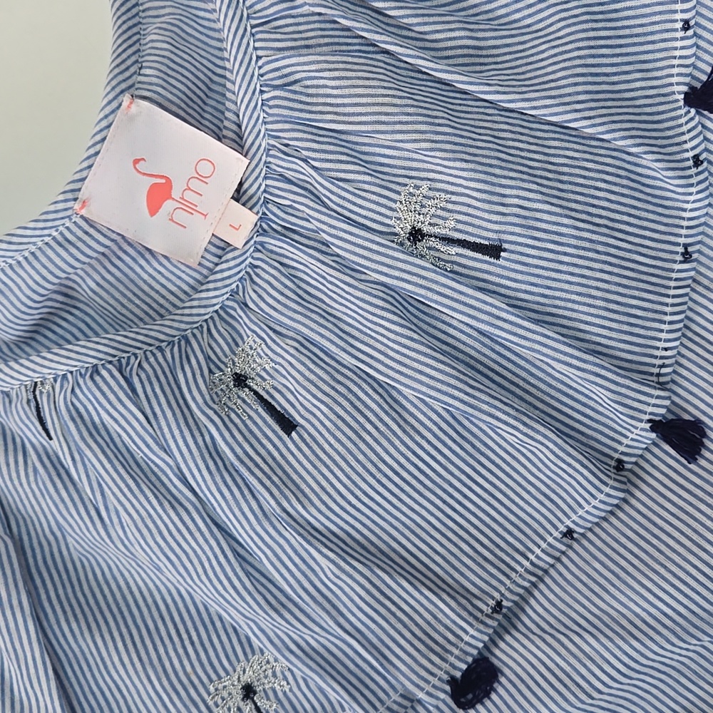 NIMO Blue & White Striped Palm Tree‎ Embroidered Tassel Top Size L